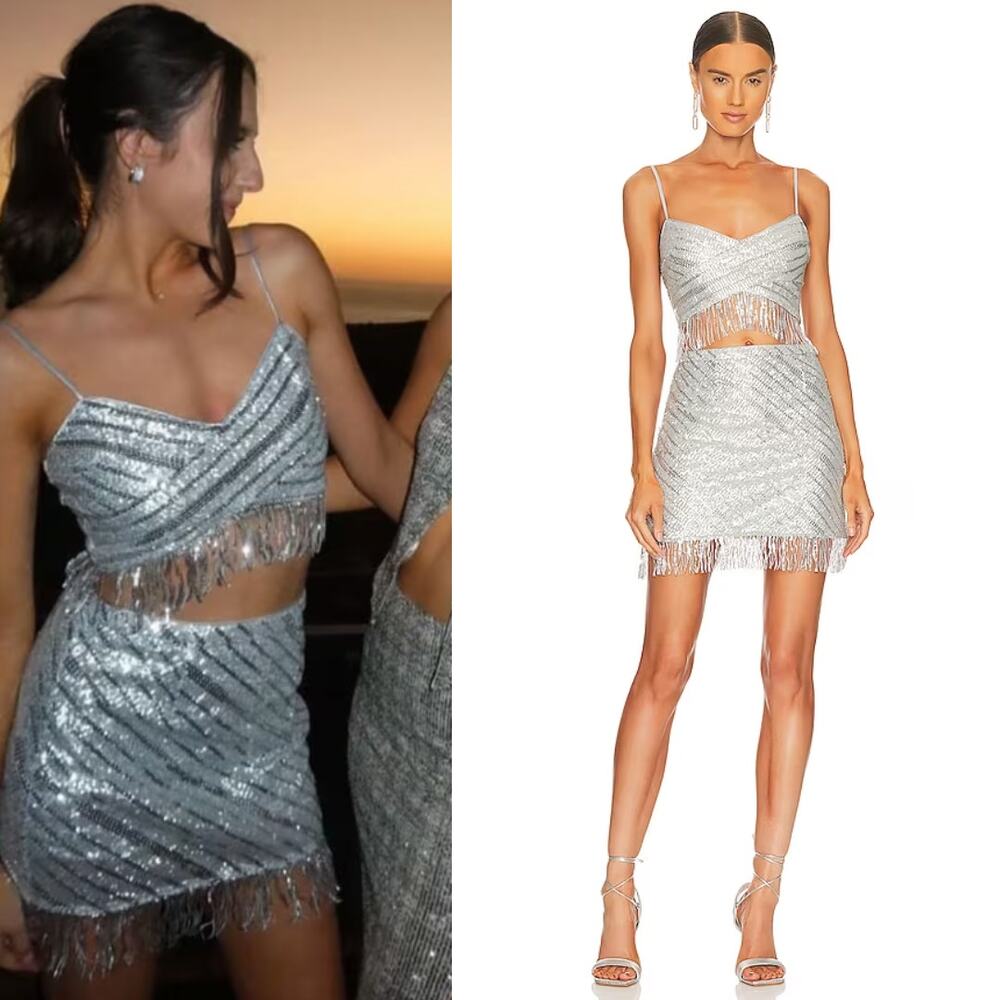 SAYLOR | Persephone Top & Mini Skirt Set in Platinum Silver Sequin Disco S